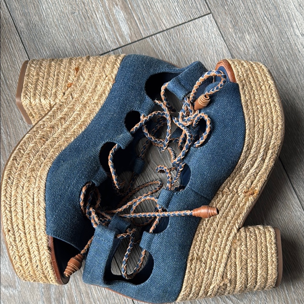 Tory Burch Blue and Brown Wedge Sandals with Lace-Up Design - Picture 6 of 10